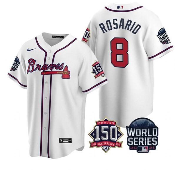 Men's Atlanta Braves #8 Eddie Rosario 2021 White World Series With 150th Anniversary Patch Cool Base Stitched Jersey Men's Atlanta Braves #8 Eddie Rosario 2021 White World Series With 150th Anniversary Patch Cool Base Stitched Jersey
